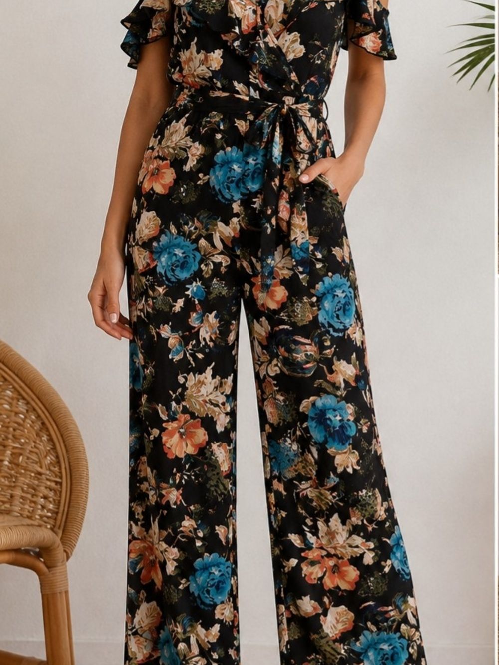 Band of Gypsies Black Wide-Leg Floral Jumpsuit with Blue & Coral Blooms